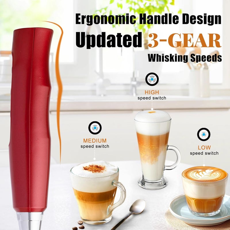 Nahida Red Milk Frother Wand for Coffee - Rechargeable Handheld Electric Whisk with 3 Heads, 3 Speeds - Drink Mixer for Latte, Cappuccino, Hot Chocolate - Image 3